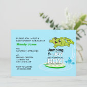 可愛いカエルがジャンプして喜ぶブルーボーイ赤ちゃんシャワー 招待状 (スタンド正面)