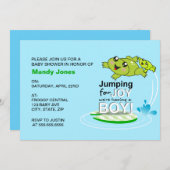 可愛いカエルがジャンプして喜ぶブルーボーイ赤ちゃんシャワー 招待状 (正面/裏面)