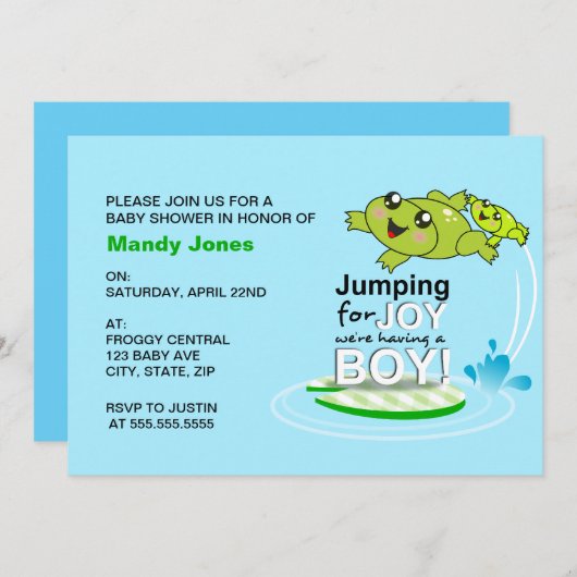 可愛いカエルがジャンプして喜ぶブルーボーイ赤ちゃんシャワー 招待状 (正面/裏面)