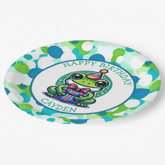可愛いカエルをテーマにした少年の誕生日少年の写真 ペーパープレート (アングル)