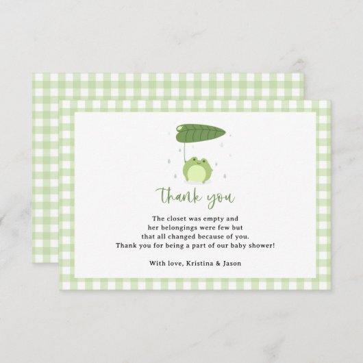可愛いカエルテーマ赤ちゃんシャワー小 サンキューカード (正面/裏面)