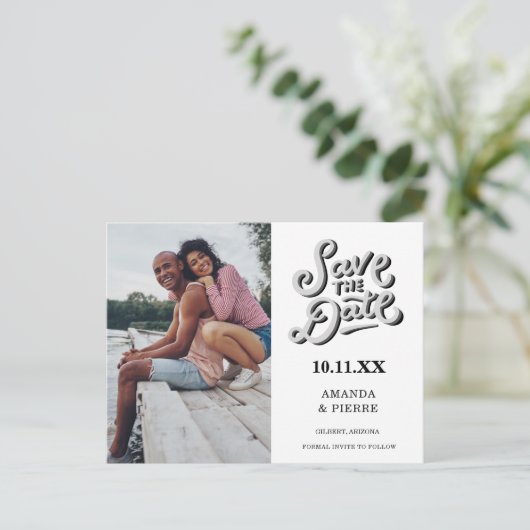 可愛いカジュアル写真結婚式のデートを保存 案内ポストカード (スタンド正面)