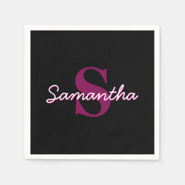 可愛いカスタマイズ可能なピンクと黒のモノグラムスクリプト スタンダードカクテルナプキン