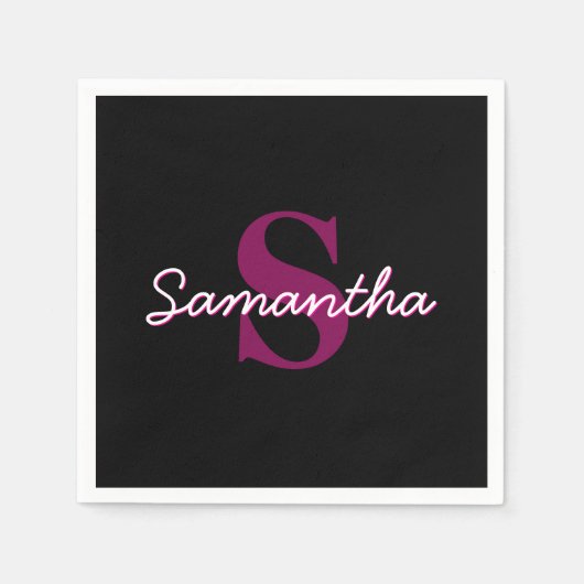 可愛いカスタマイズ可能なピンクと黒のモノグラムスクリプト スタンダードカクテルナプキン (正面)