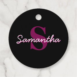 可愛いカスタマイズ可能なピンクと黒のモノグラムスクリプト フェイバータグ