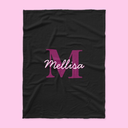 可愛いカスタマイズ可能なピンクと黒のモノグラムスクリプト フリースブランケット