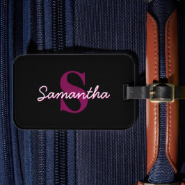 可愛いカスタマイズ可能なピンクと黒のモノグラムスクリプト ラゲッジタグ