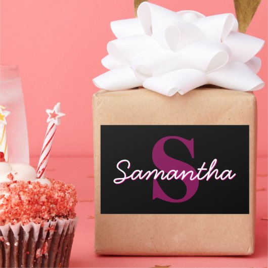 可愛いカスタマイズ可能なピンクと黒のモノグラムスクリプト 長方形シール (パーティー)
