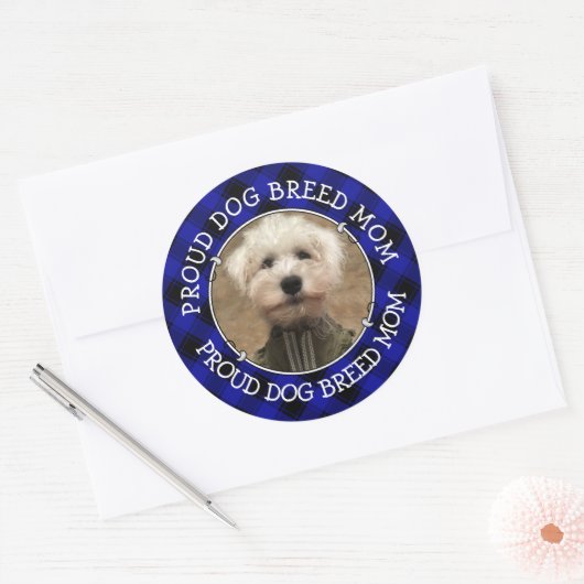 可愛いカスタムフォトフレームペットマムブルー&ブラックプレイド ラウンドシール (封筒)