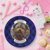 可愛いカスタムフォトフレーム青&黒の格子模様 ペーパープレート (パーティー)