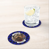 可愛いカスタムフォトフレーム青&黒の格子模様 ラウンドペーパーコースター (インサイチュ)