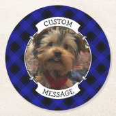 可愛いカスタムフォトフレーム青&黒の格子模様 ラウンドペーパーコースター (正面)