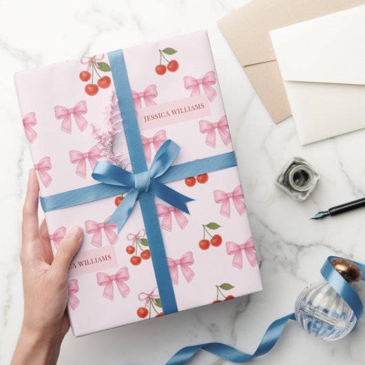 可愛いカスタム水彩さくらんぼボウコケットパターン ラッピングペーパー (ギフト)