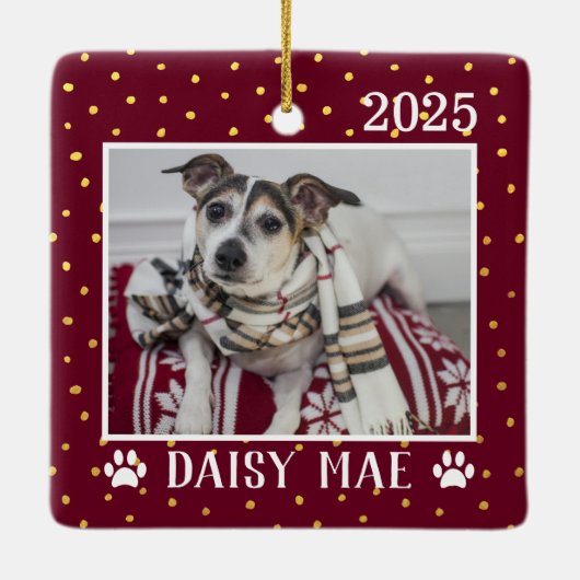 可愛いカスタム犬の名前の年の前版印刷の休日 セラミックオーナメント (裏面)