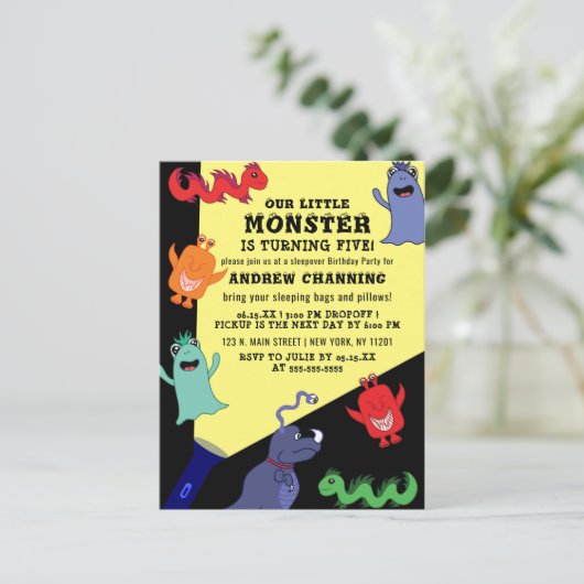 可愛いカッコいいモンスターフラッシュライトスリープバー誕生日 インビテーションポストカード (スタンド正面)
