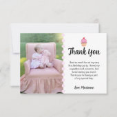 可愛いカップケーキピンクガーリーの最初の誕生日パーティーの写真 サンキューカード (正面)