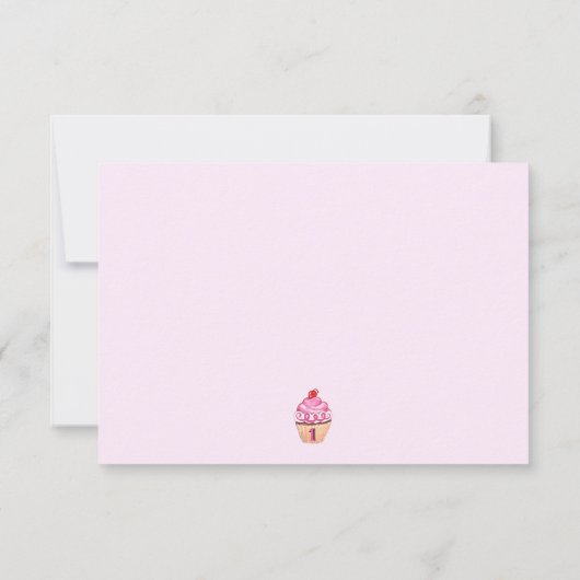 可愛いカップケーキピンクガーリーの最初の誕生日パーティーの写真 サンキューカード (裏面)