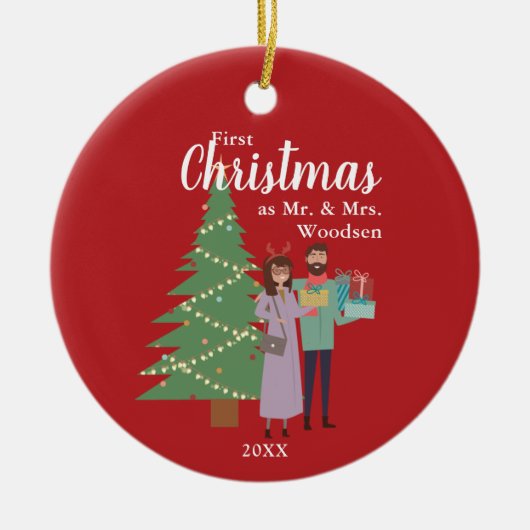 可愛いカップル様のクリスマスパーソナライズされた第1回 セラミックオーナメント (正面)