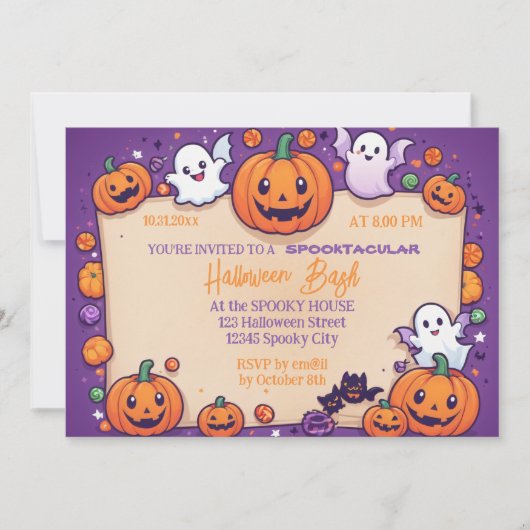可愛いカボチャのハロウィーンバッシュオレンジパープル 招待状 (正面)