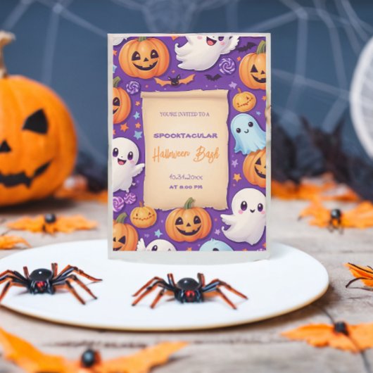 可愛いカボチャのハロウィーンバッシュオレンジパープル 招待状