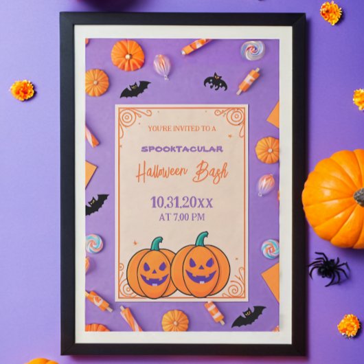 可愛いカボチャのハロウィーンバッシュオレンジパープル 招待状