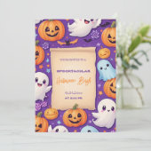 可愛いカボチャのハロウィーンバッシュオレンジパープル 招待状 (スタンド正面)