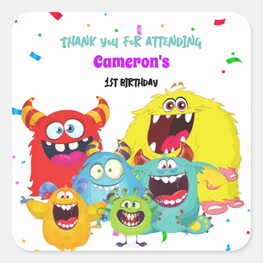 可愛いカラフルおもしろいモンスターバースデーパーティー スクエアシール (正面)