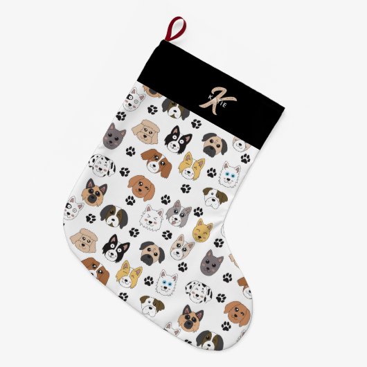 可愛いカラフルおもしろい犬&ドッグポーパターン ラージクリスマスストッキング (正面 (吊り時))