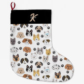 可愛いカラフルおもしろい犬&ドッグポーパターン ラージクリスマスストッキング (正面)