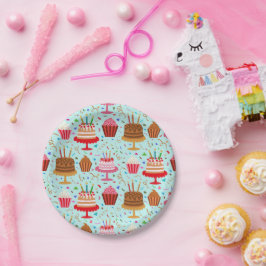 可愛いカラフルお誕生日ケーキとカップケーキを青に ペーパープレート