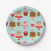 可愛いカラフルお誕生日ケーキとカップケーキを青に ペーパープレート (正面)