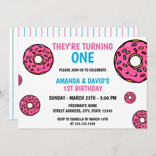 可愛いカラフルかわいいドーナツツインジョイント第1誕生日 招待状 (正面/裏面)