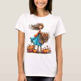 可愛いカラフルなファンタジーな秋のテーマの女の子 Tシャツ