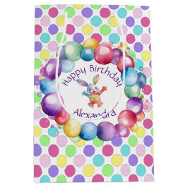 可愛いカラフルウォーターカラーバニーと水玉模様 ミディアムペーパーバッグ