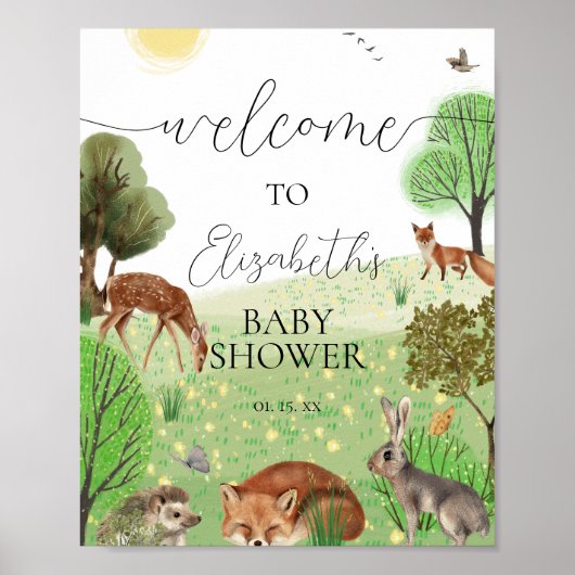 可愛いカラフルウッドランドの動物パーティー歓迎サイン ポスター (正面)