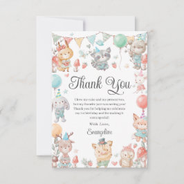 可愛いカラフルウッドランド動物誕生会 サンキューカード