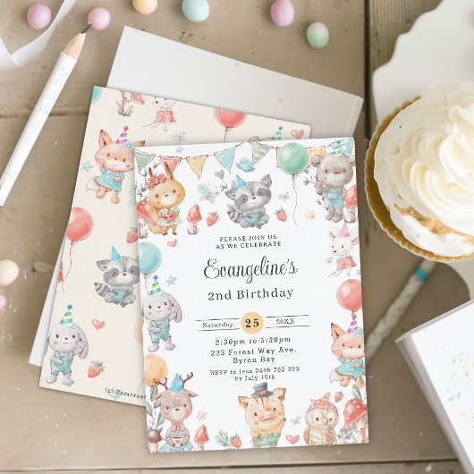 可愛いカラフルウッドランド動物誕生会 招待状