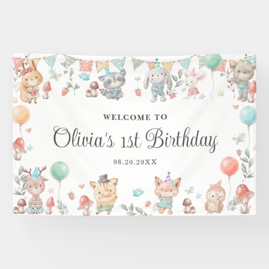 可愛いカラフルウッドランド動物誕生日背景 横断幕 (横)