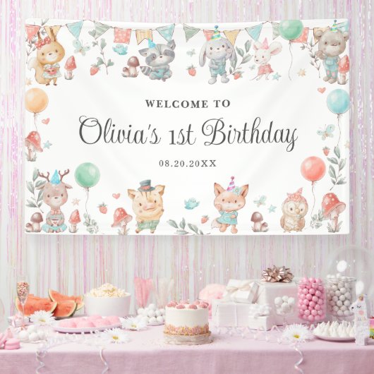 可愛いカラフルウッドランド動物誕生日背景 横断幕 (パーティー)