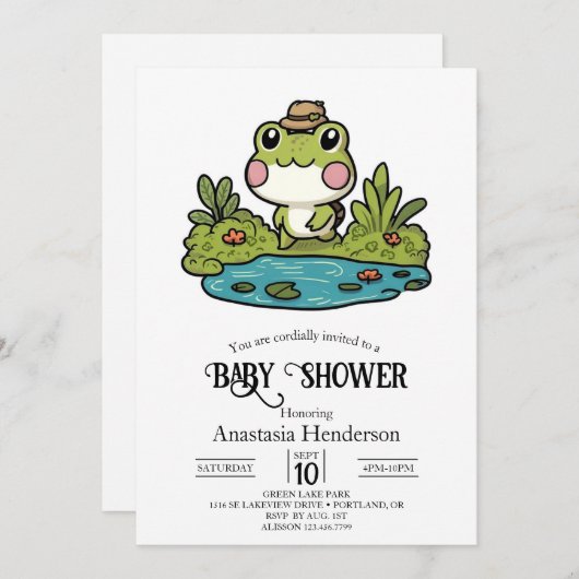 可愛いカラフルカエルの赤ちゃんシャワー 招待状 (正面/裏面)