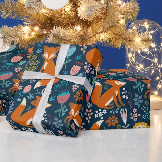 可愛いカラフルキツネ花鳥柄2 ラッピングペーパー (クリスマス)