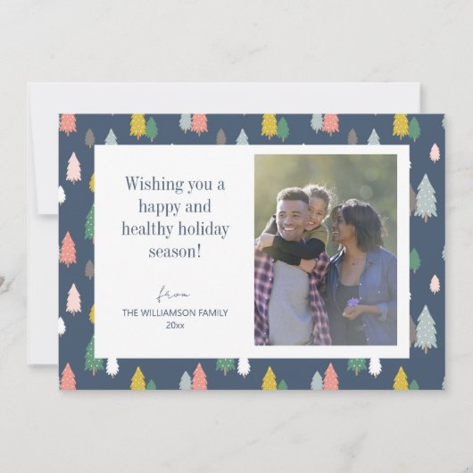 可愛いカラフルクリスマスツリーズ青カスタムい写真 シーズンカード (正面)