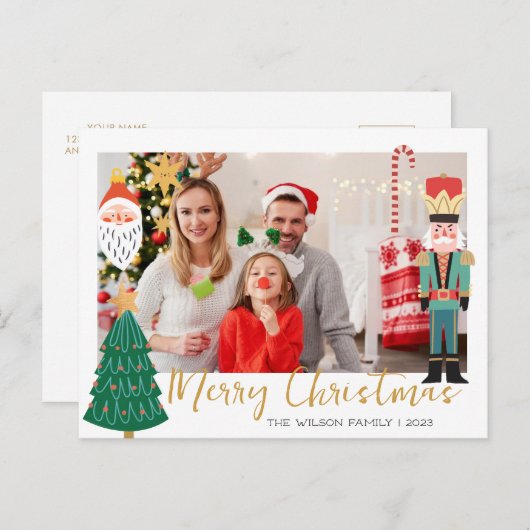 可愛いカラフルクリスマスファミリーフォトホリデーカード シーズンポストカード (正面/裏面)