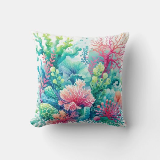 可愛いカラフルコーラルブルーグリーンピンクティール（緑がかった色）沿岸 クッション (正面)