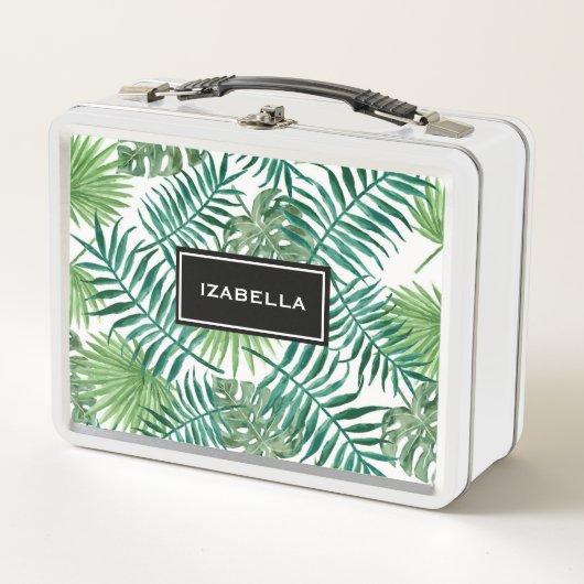可愛いカラフルトロピカルパームツリーグリーンキッズ名 メタルランチボックス (正面)