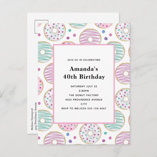 可愛いカラフルドーナツ型誕生日 インビテーションポストカード (正面/裏面)