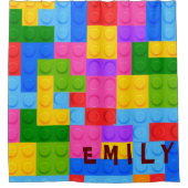 可愛いカラフルピンクブルー建物ブロック子供 シャワーカーテン (正面)