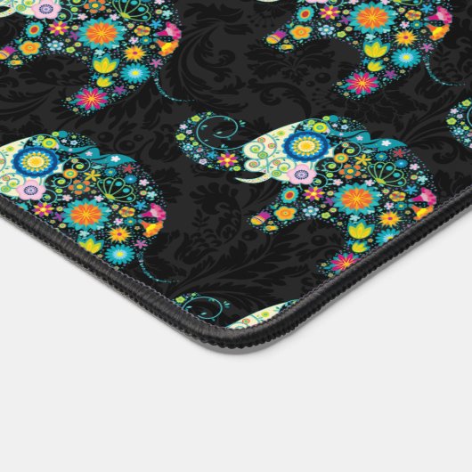 可愛いカラフルフローラ象の模様（黒） デスクマット (コーナー)