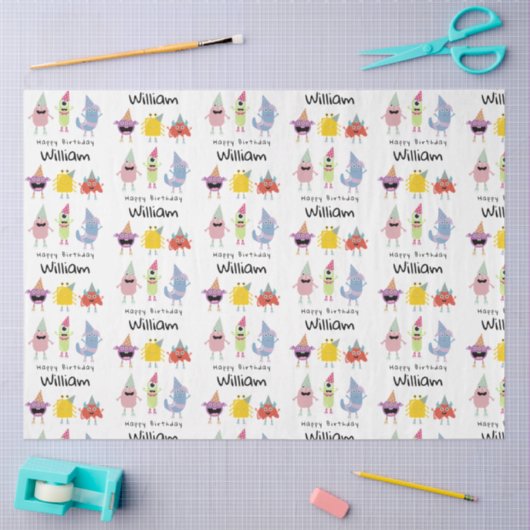 可愛いカラフルモンスタおもしろいーズ子供の誕生日名 薄葉紙 (クラフト)