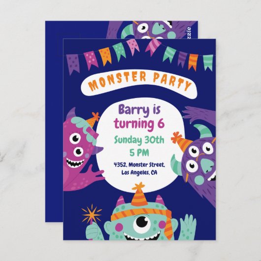 可愛いカラフルモンスターズ誕生日招待状カード ポストカード (正面/裏面)